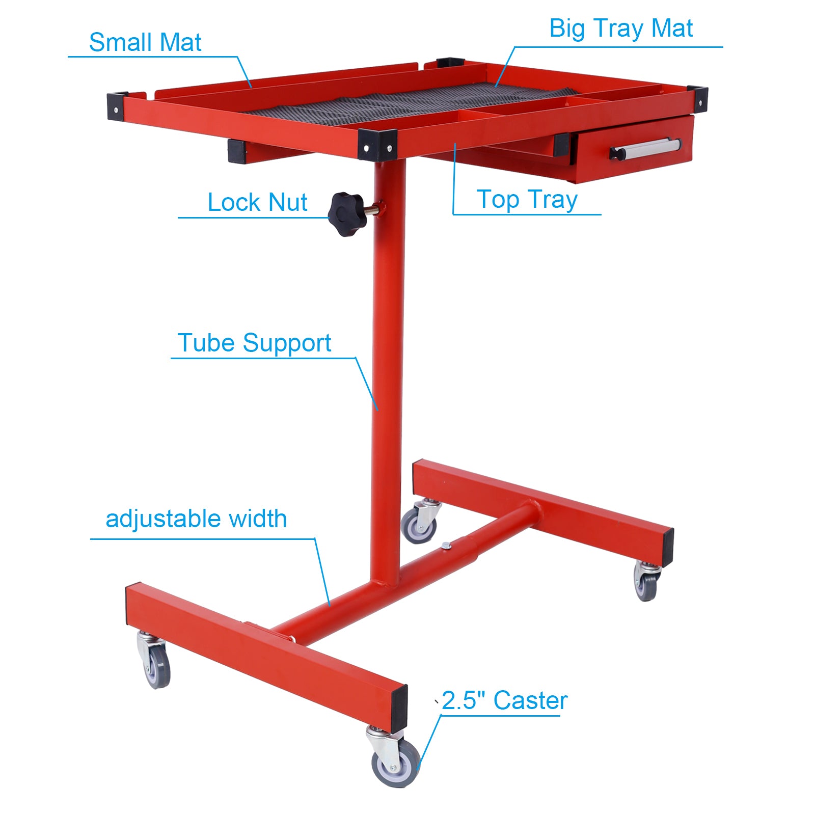 Adjustable Tear Down Work Table With Drawer For Garages, Repair Shops, And Diy, Portable, 4 2.5" Swivel Casters, 220 Pound Capacity, Rubber Corners, Heavy Duty Steel,Red Red Metal