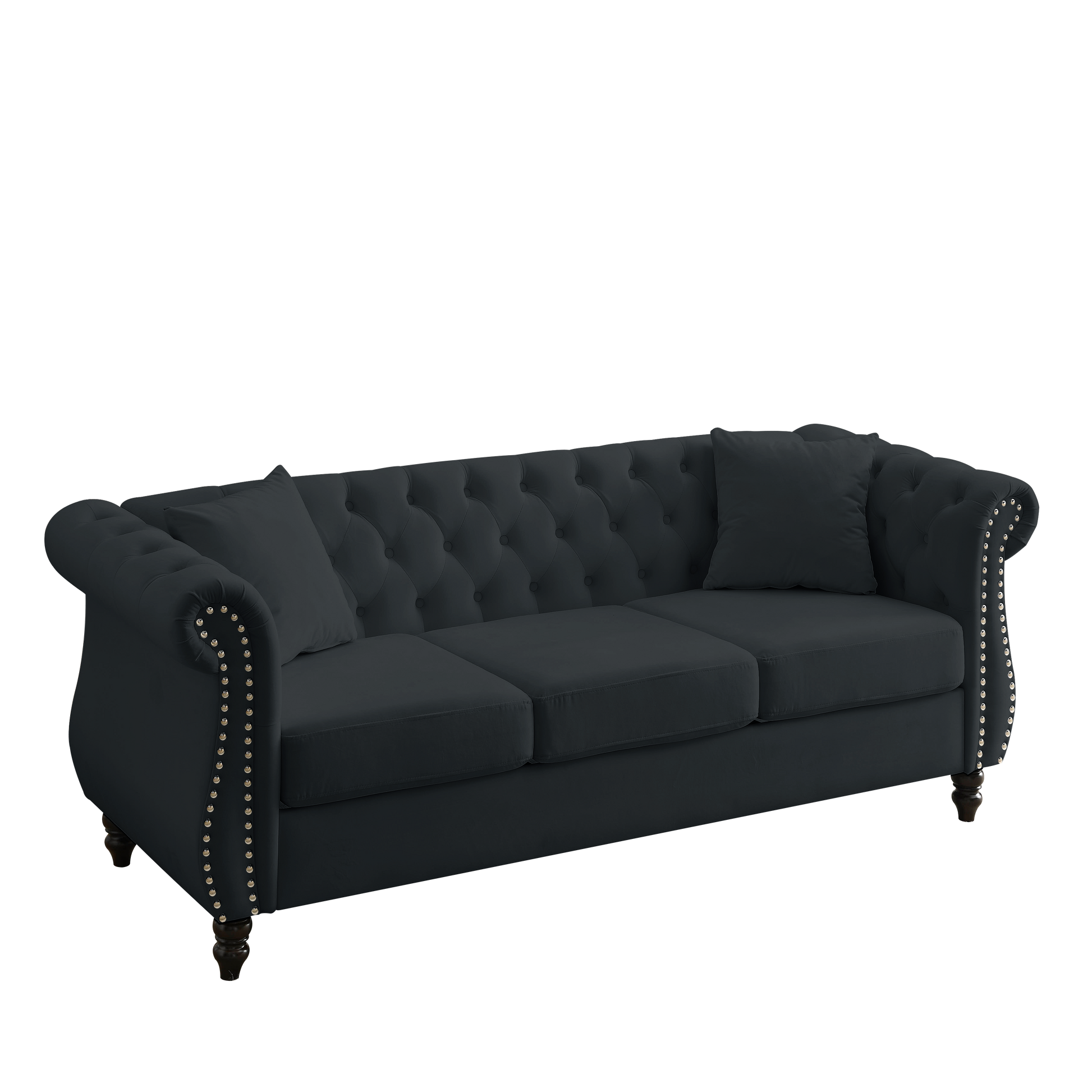 Video 80" Chesterfield Sofa Black Velvet For Living Room, 3 Seater Sofa Tufted Couch With Rolled Arms And For Living Room, Bedroom, Office, Apartment, 3S With 3S Black Foam Velvet