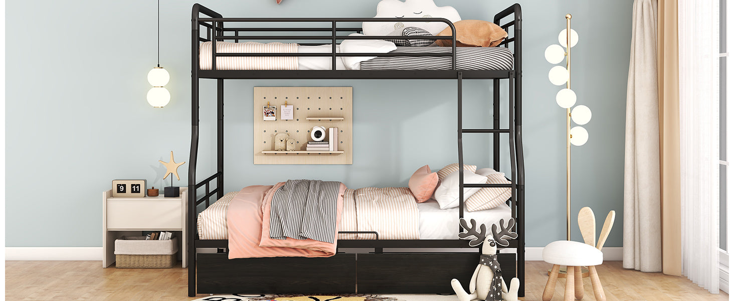 Full Xl Over Queen Metal Bunk Bed With 2 Drawers, Black Black Iron