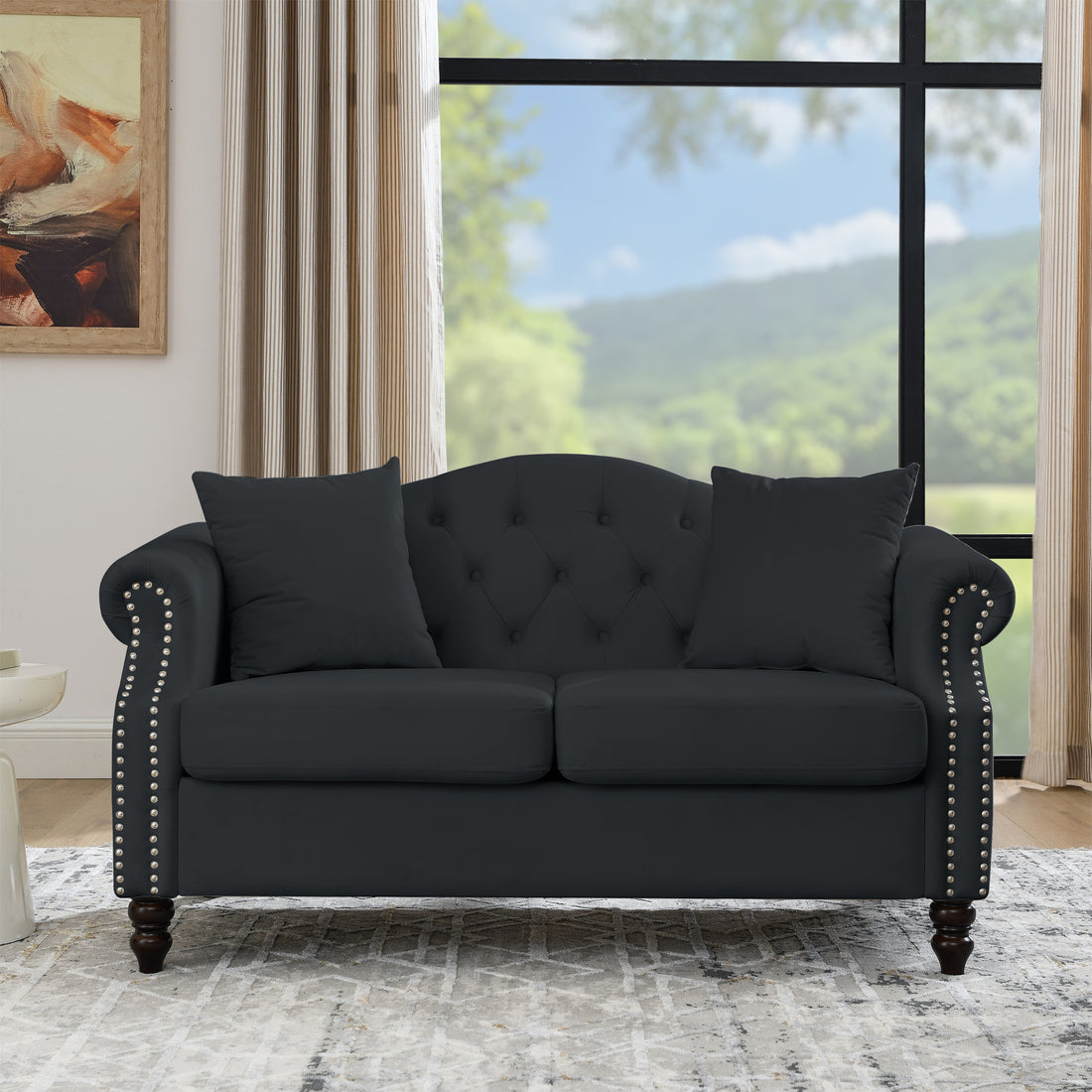 57" Chesterfield Sofa Black Velvet For Living Room, 2 Seater Sofa Tufted Couch With Rolled Arms And For Living Room, Bedroom, Office, Apartment, Two Pillows Black Foam Velvet