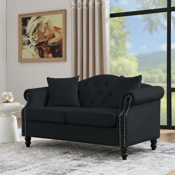 57" Chesterfield Sofa Black Velvet For Living Room, 2 Seater Sofa Tufted Couch With Rolled Arms And For Living Room, Bedroom, Office, Apartment, Two Pillows Black Foam Velvet