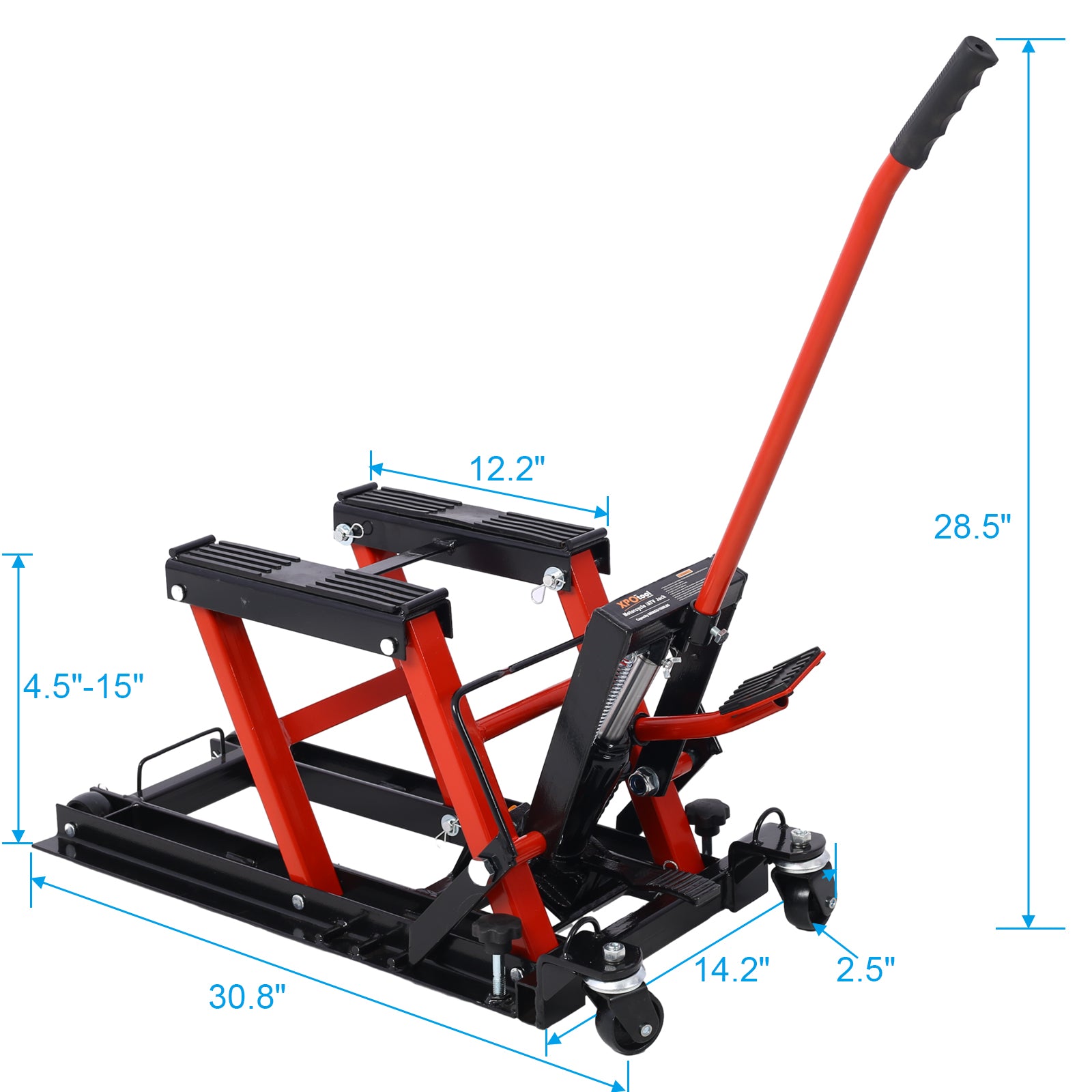 Hydraulic Motorcycle Lift Jack, 1500 Lbs Capacity Atv Scissor Lift Jack, Portable Motorcycle Lift Table With 4 Wheels, Hydraulic Foot Operated Hoist Stand For Motorcycle Atv Utv Powersports Black Red Steel