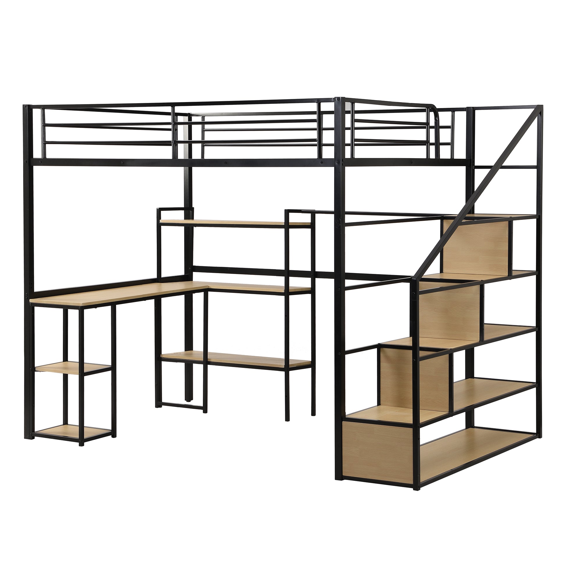 Full Size Metal Loft Bed With Staircase, Built In Desk And Shelves, Black Box Spring Not Required Full Black Metal Bedroom Mdf Metal
