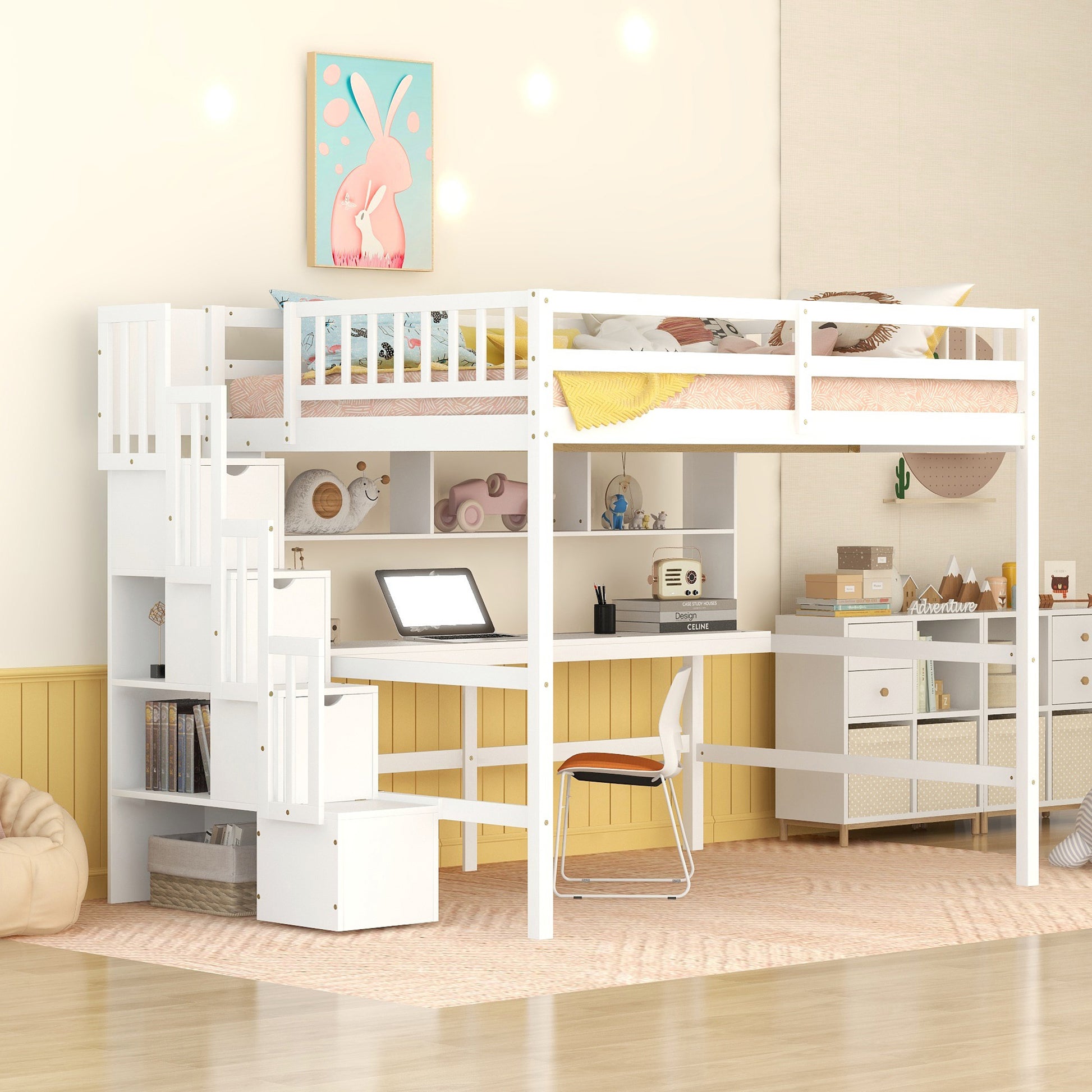 Full Size Loft Bed With Built In Desk, Bookshelves And Storage Staircase,White Full White American Design Pine