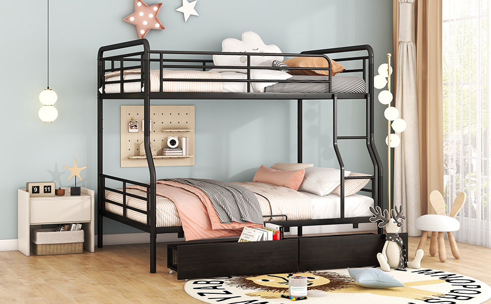 Full Xl Over Queen Metal Bunk Bed With 2 Drawers, Black Black Iron