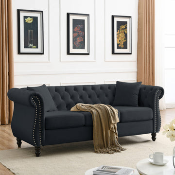 Video 80" Chesterfield Sofa Black Velvet For Living Room, 3 Seater Sofa Tufted Couch With Rolled Arms And For Living Room, Bedroom, Office, Apartment, Two Pillows Black Foam Velvet