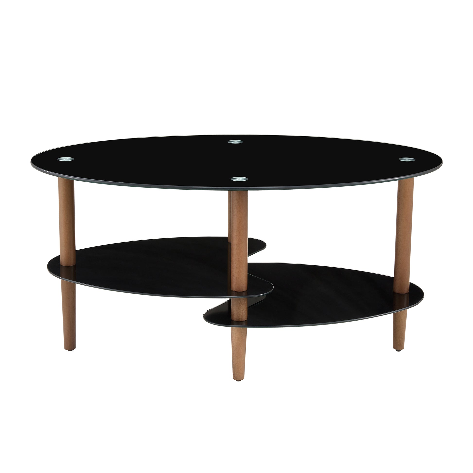 Black Oval Glass Coffee Table, Modern Table In Living Room Oak Wood Leg Tea Table 3 Layer Tempered Glass Table Brown Glass