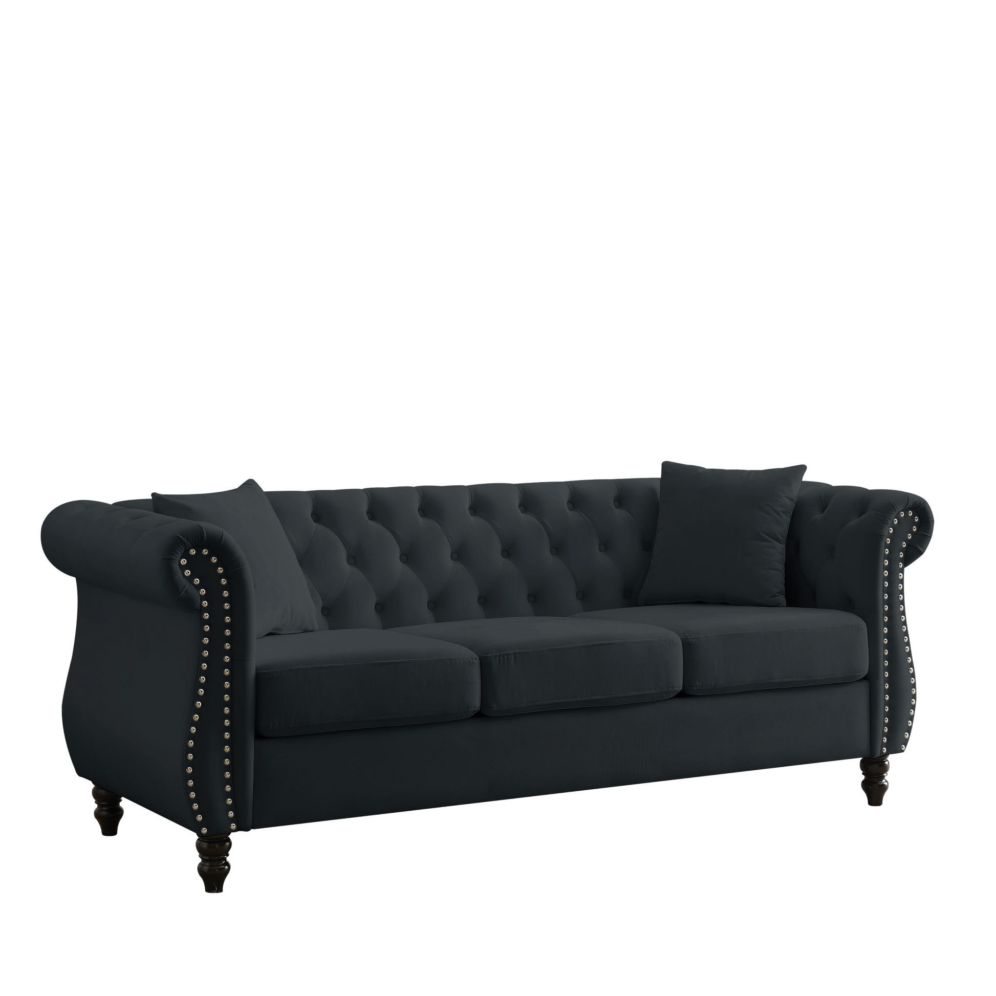 Video 80" Chesterfield Sofa Black Velvet For Living Room, 3 Seater Sofa Tufted Couch With Rolled Arms And For Living Room, Bedroom, Office, Apartment, 3S 2S Black Foam Velvet