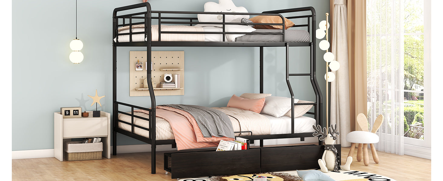 Full Xl Over Queen Metal Bunk Bed With 2 Drawers, Black Black Iron