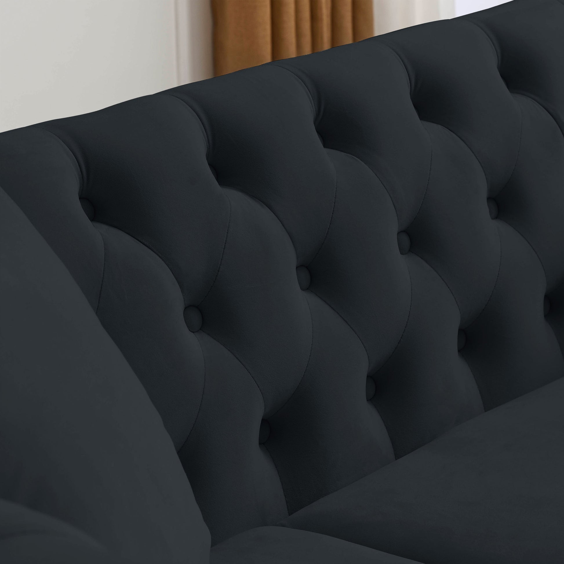 58.8" Chesterfield Sofa Black Velvet For Living Room, 2 Seater Sofa Tufted Couch With Rolled Arms And For Living Room, Bedroom, Office, Apartment, Two Pillows Black Foam Velvet