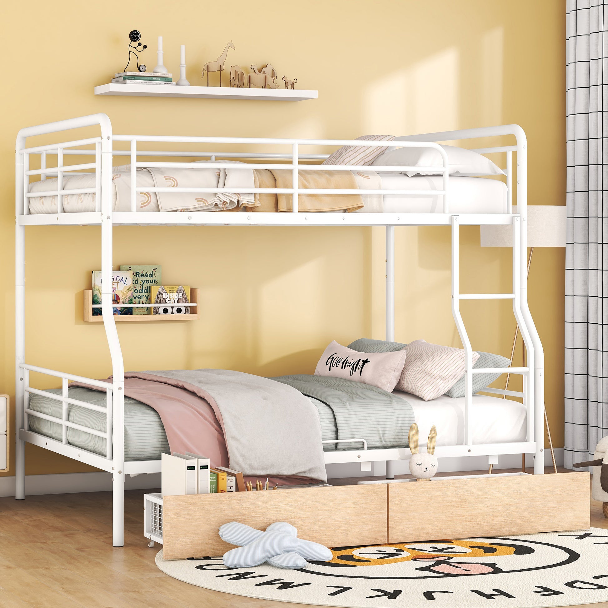 Full Xl Over Queen Metal Bunk Bed With 2 Drawers, White White Iron