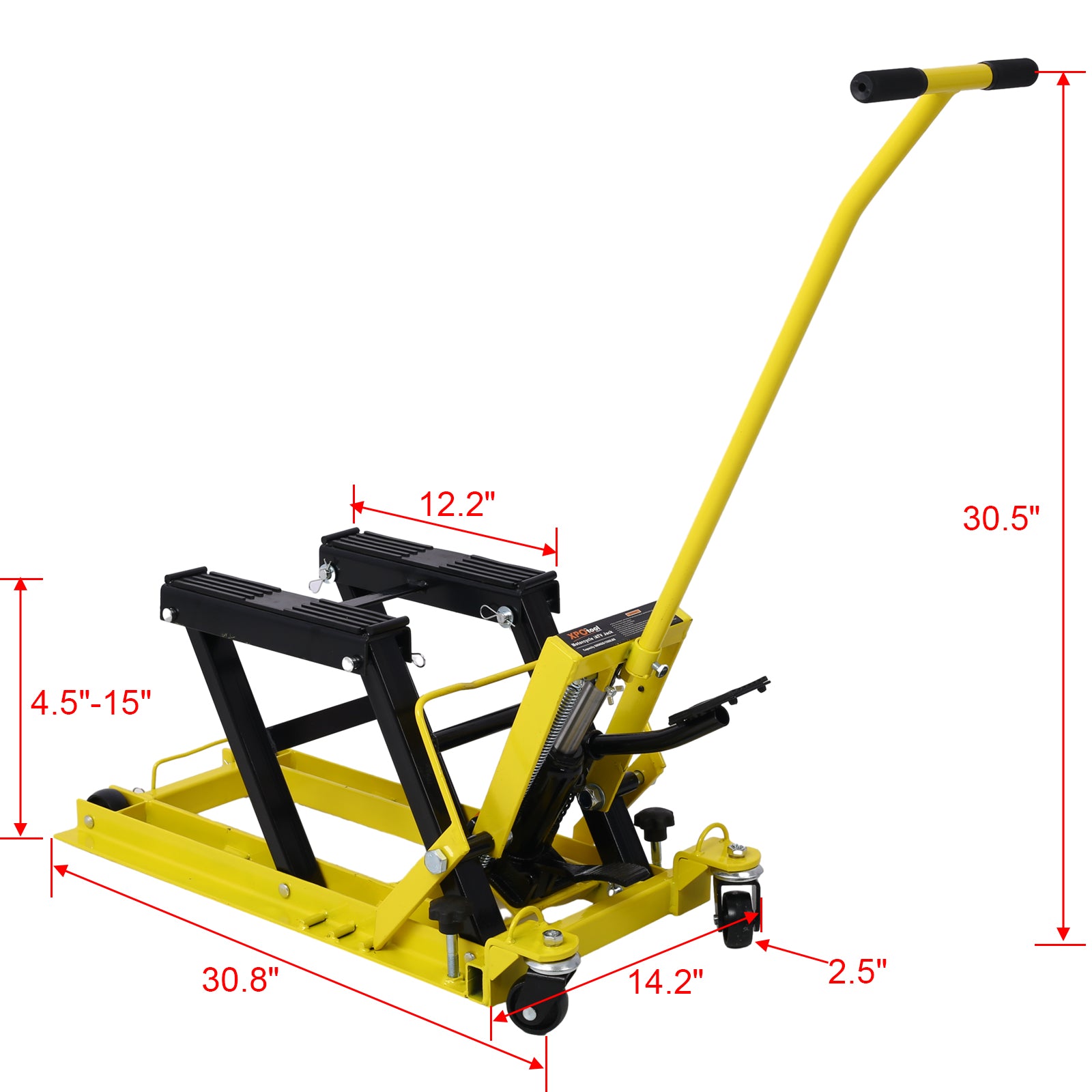 Hydraulic Motorcycle Lift Jack, 1500 Lbs Capacity Atv Scissor Lift Jack, Portable Motorcycle Lift Table With 4 Wheels, Hydraulic Foot Operated Hoist Stand With Tie Down Yellow Yellow Steel