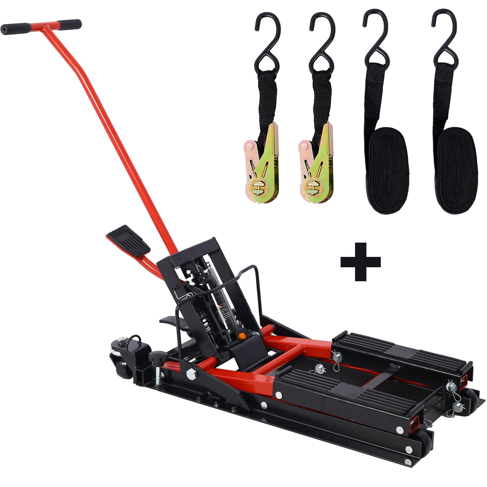 Hydraulic Motorcycle Lift Jack, 1500 Lbs Capacity Atv Scissor Lift Jack, Portable Motorcycle Lift Table With 4 Wheels, Hydraulic Foot Operated Hoist Stand For Motorcycle Atv Utv With Tie Down Black Red Steel