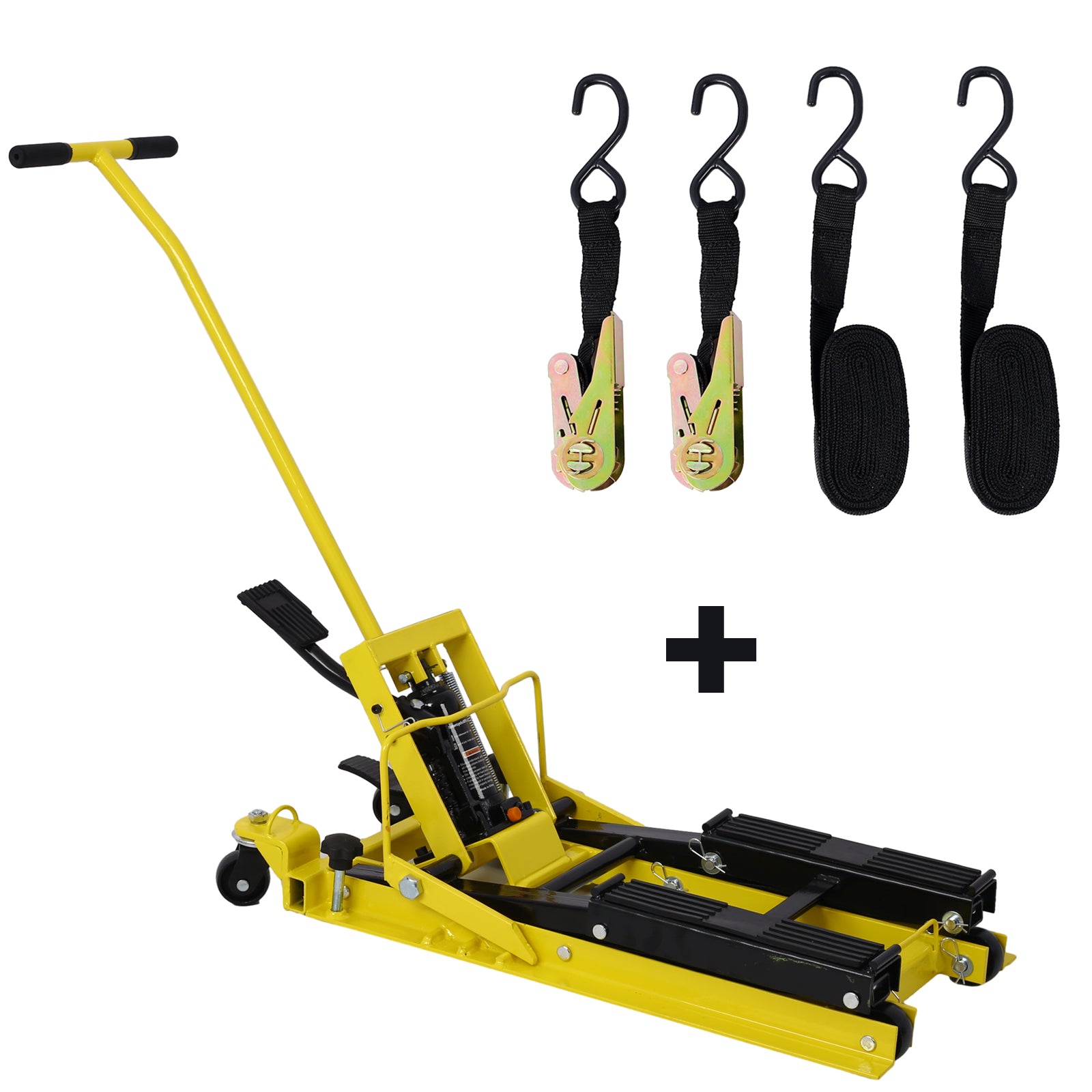Hydraulic Motorcycle Lift Jack, 1500 Lbs Capacity Atv Scissor Lift Jack, Portable Motorcycle Lift Table With 4 Wheels, Hydraulic Foot Operated Hoist Stand With Tie Down Yellow Yellow Steel