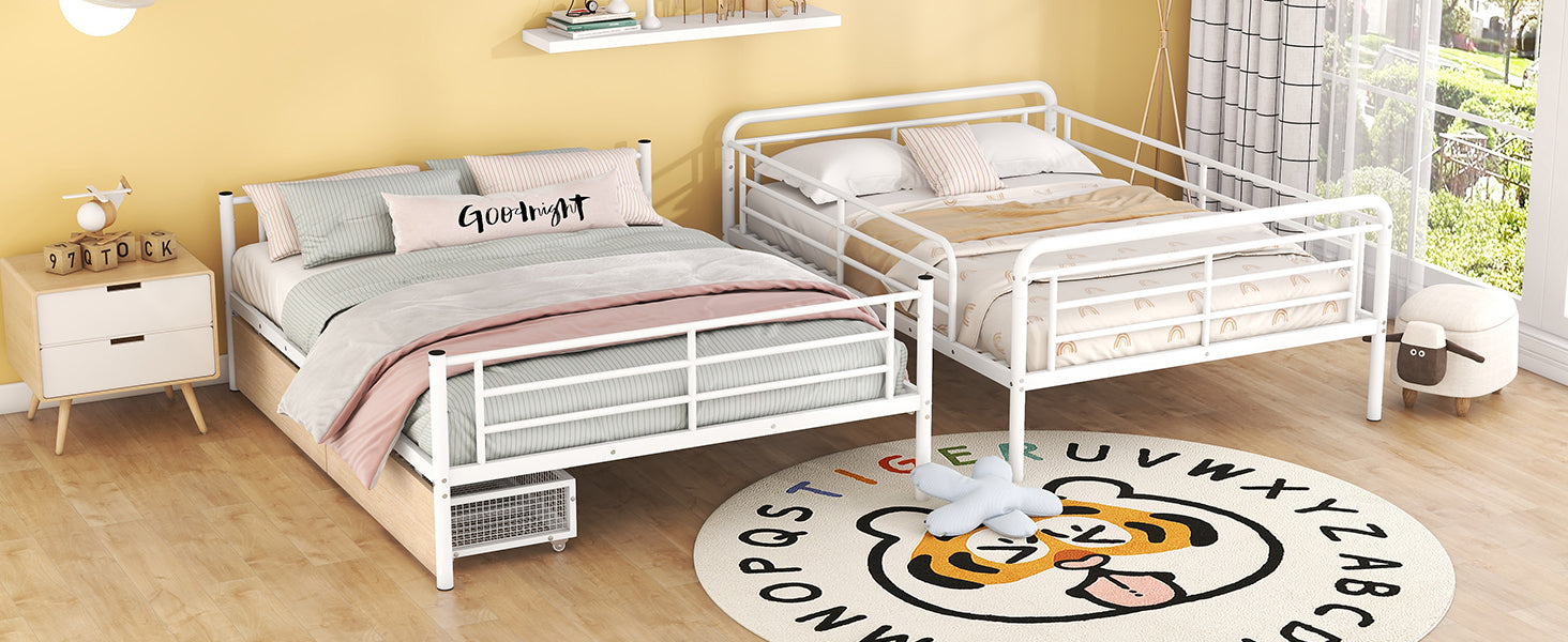Full Xl Over Queen Metal Bunk Bed With 2 Drawers, White White Iron