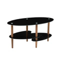 Black Oval Glass Coffee Table, Modern Table In Living Room Oak Wood Leg Tea Table 3 Layer Tempered Glass Table Brown Glass
