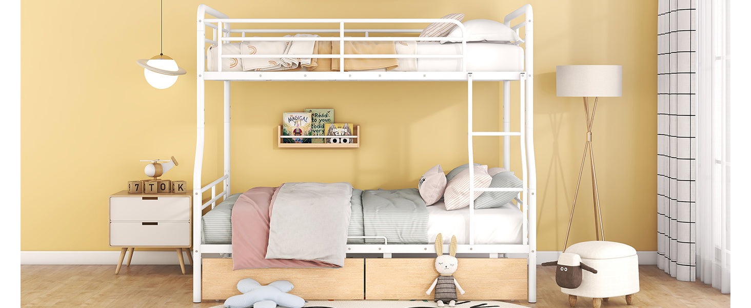 Full Xl Over Queen Metal Bunk Bed With 2 Drawers, White White Iron