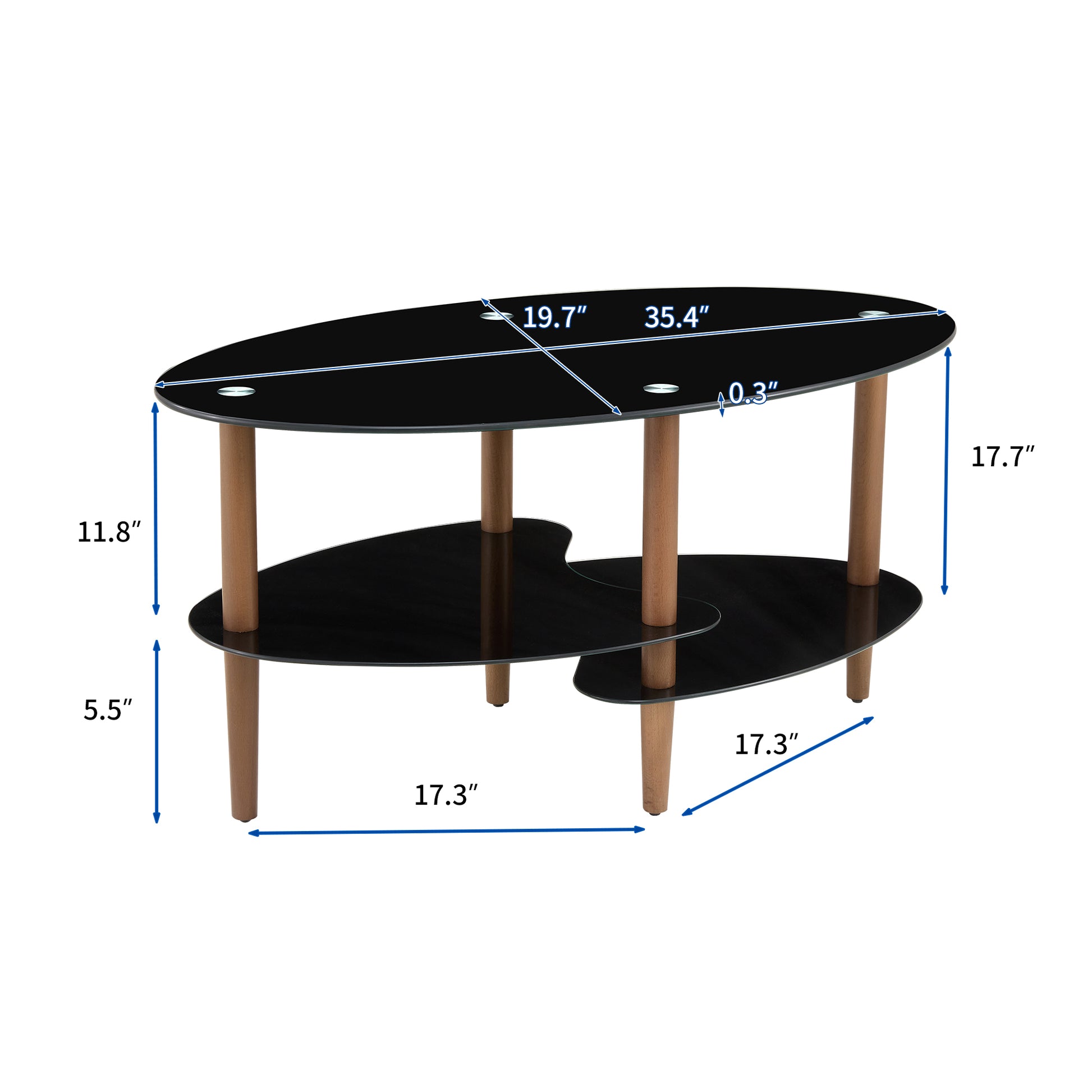 Black Oval Glass Coffee Table, Modern Table In Living Room Oak Wood Leg Tea Table 3 Layer Tempered Glass Table Brown Glass