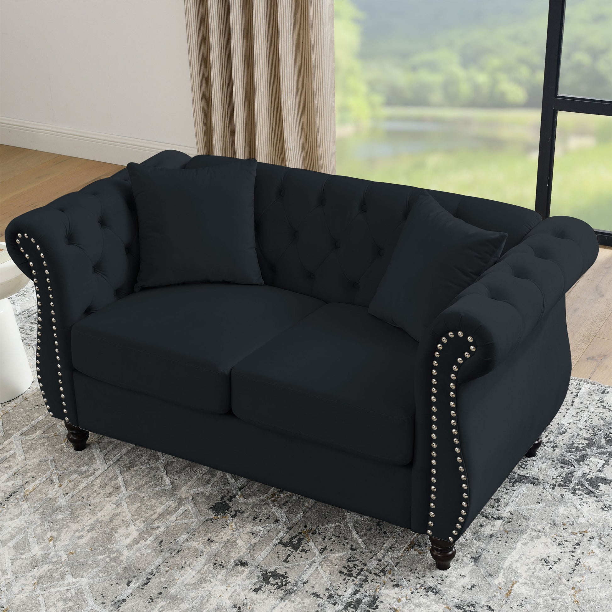 58.8" Chesterfield Sofa Black Velvet For Living Room, 2 Seater Sofa Tufted Couch With Rolled Arms And For Living Room, Bedroom, Office, Apartment, Two Pillows Black Foam Velvet