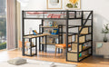 Full Size Metal Loft Bed With Staircase, Built In Desk And Shelves, Black Box Spring Not Required Full Black Metal Bedroom Mdf Metal