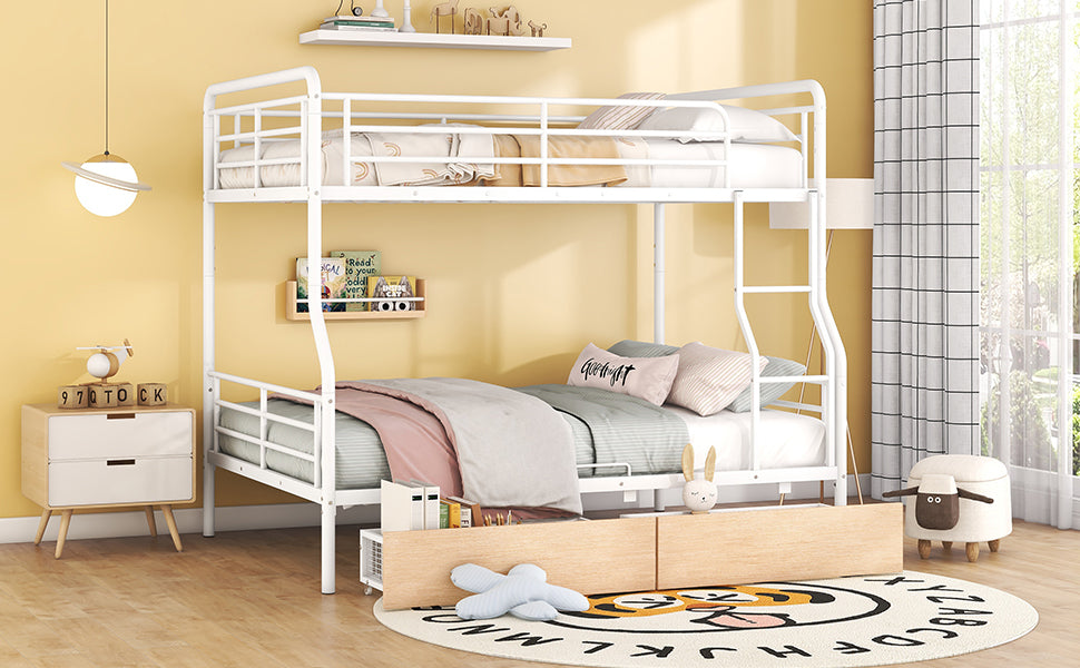 Full Xl Over Queen Metal Bunk Bed With 2 Drawers, White White Iron
