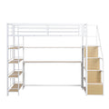Twin Size Metal Loft Bed With Staircase, Built In Desk And Storage Shelves, White Box Spring Not Required Twin White Metal Bedroom Mdf Metal