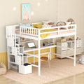 Full Size Loft Bed With Built In Desk, Bookshelves And Storage Staircase,White Full White American Design Pine