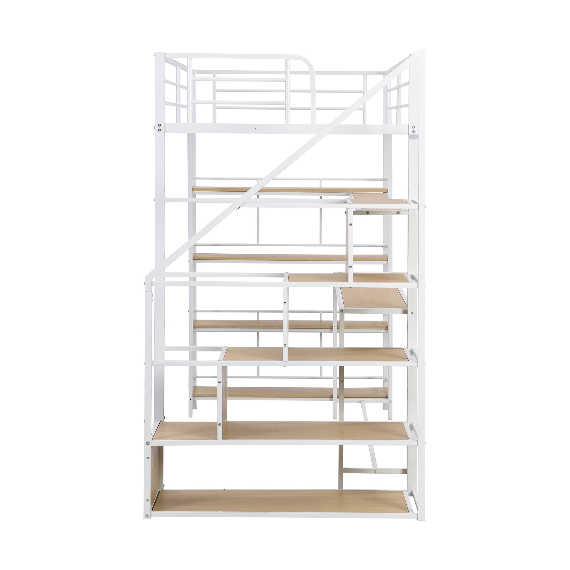 Twin Size Metal Loft Bed With Staircase, Built In Desk And Storage Shelves, White Box Spring Not Required Twin White Metal Bedroom Mdf Metal