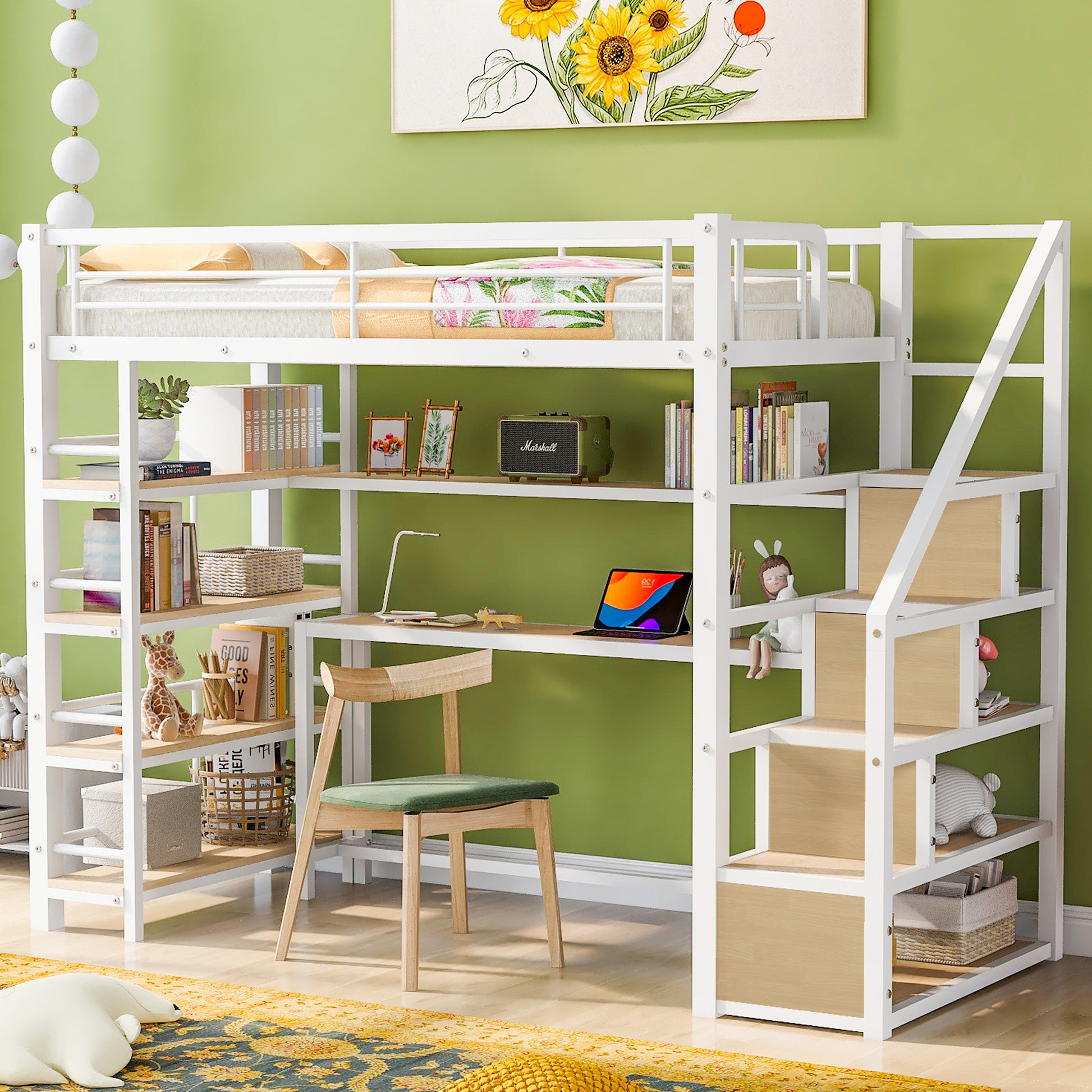 Twin Size Metal Loft Bed With Staircase, Built In Desk And Storage Shelves, White Box Spring Not Required Twin White Metal Bedroom Mdf Metal