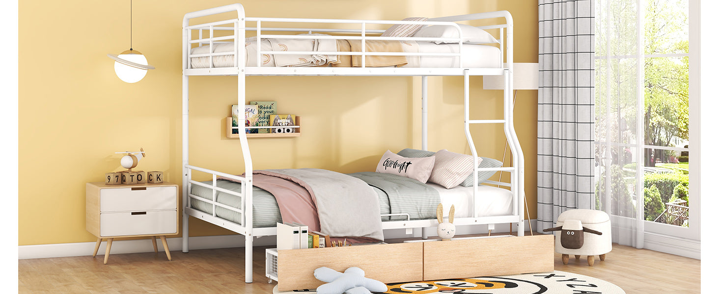 Full Xl Over Queen Metal Bunk Bed With 2 Drawers, White White Iron