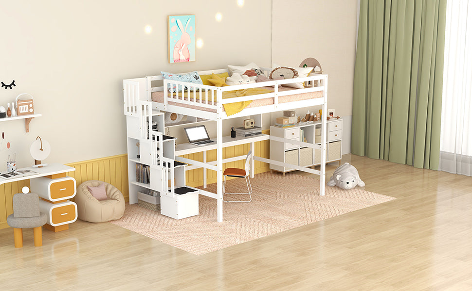 Full Size Loft Bed With Built In Desk, Bookshelves And Storage Staircase,White Full White American Design Pine