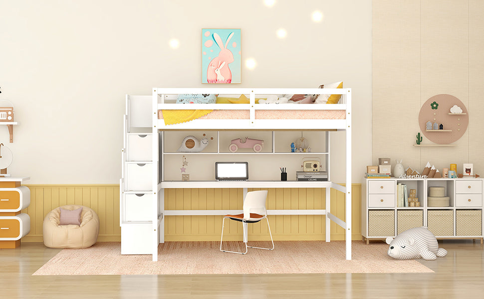 Full Size Loft Bed With Built In Desk, Bookshelves And Storage Staircase,White Full White American Design Pine