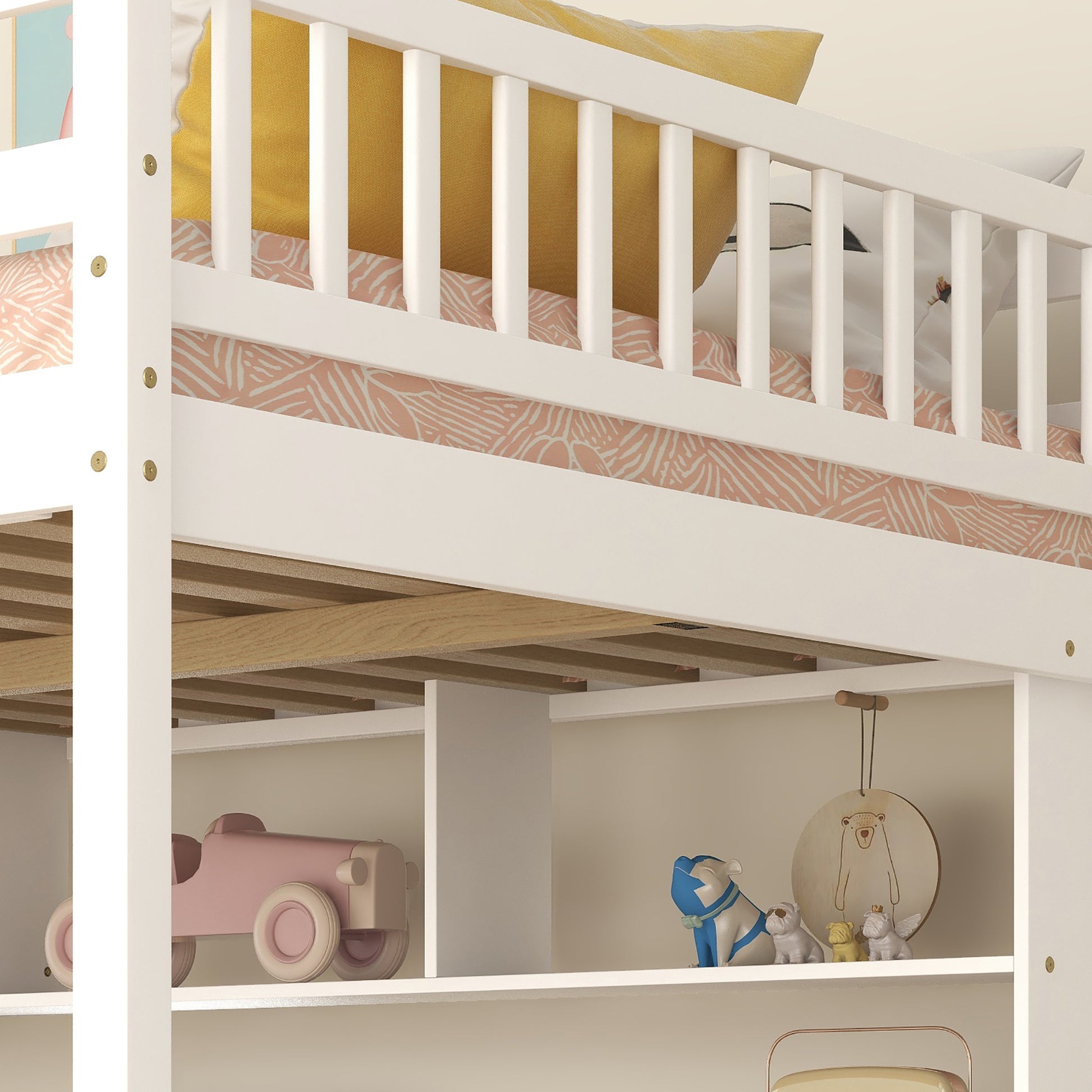 Full Size Loft Bed With Built In Desk, Bookshelves And Storage Staircase,White Full White American Design Pine