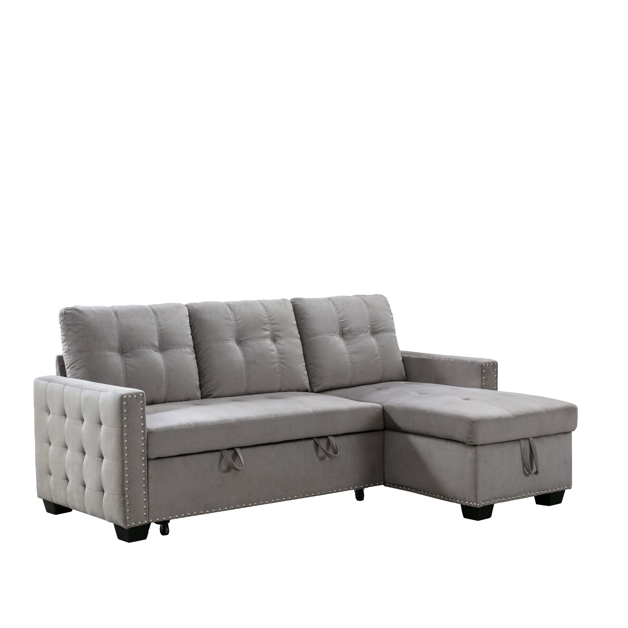 77 Inch Reversible Sectional Storage Sleeper Sofa Bedl Shape 2 Seat Sectional Chaise With Storageskin Feeling Velvet Fabric ,Light Grey Color For Living Room Furniture Light Grey Fabric 3 Seat