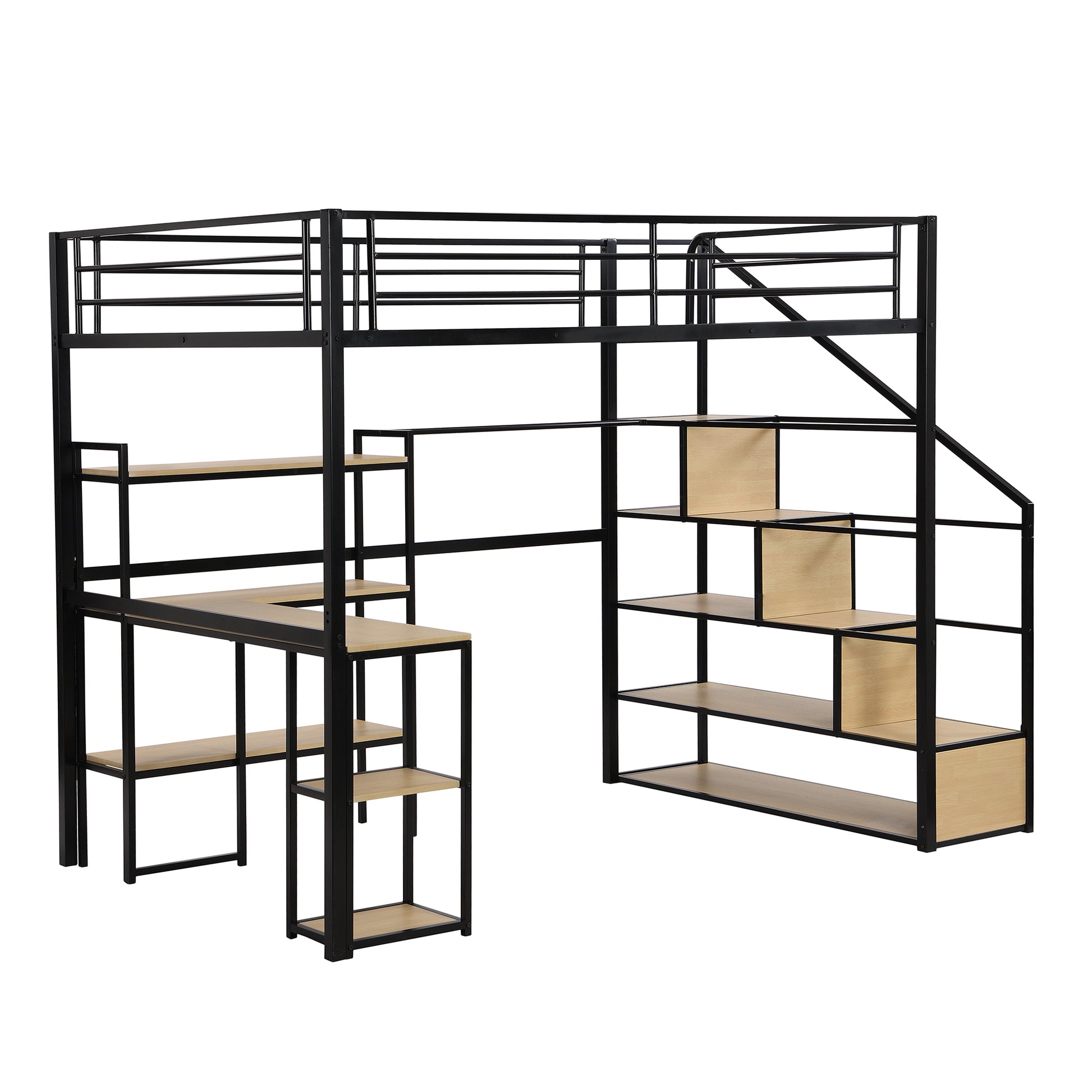 Full Size Metal Loft Bed With Staircase, Built In Desk And Shelves, Black Box Spring Not Required Full Black Metal Bedroom Mdf Metal