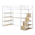 Twin Size Metal Loft Bed With Staircase, Built In Desk And Storage Shelves, White Box Spring Not Required Twin White Metal Bedroom Mdf Metal