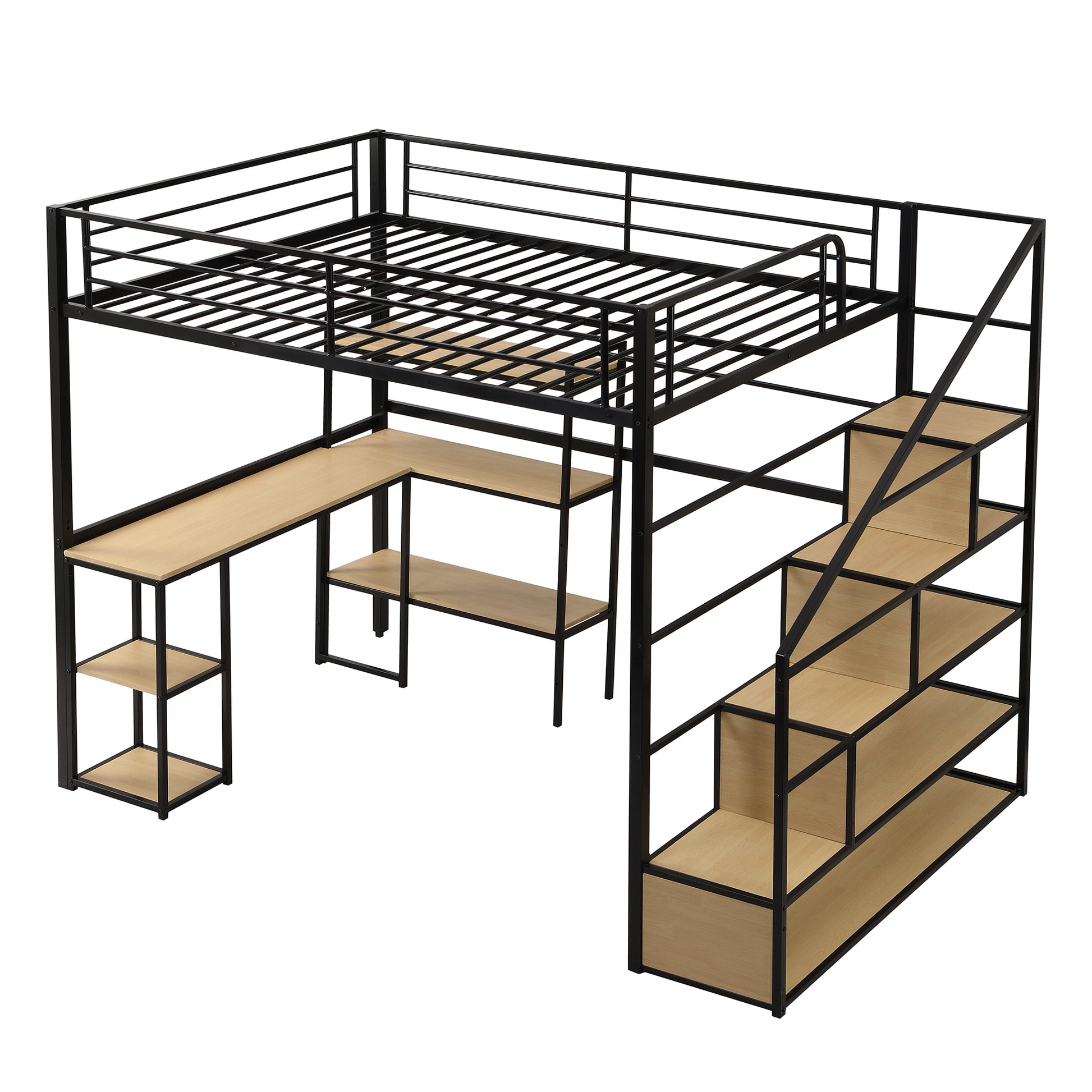 Full Size Metal Loft Bed With Staircase, Built In Desk And Shelves, Black Box Spring Not Required Full Black Metal Bedroom Mdf Metal