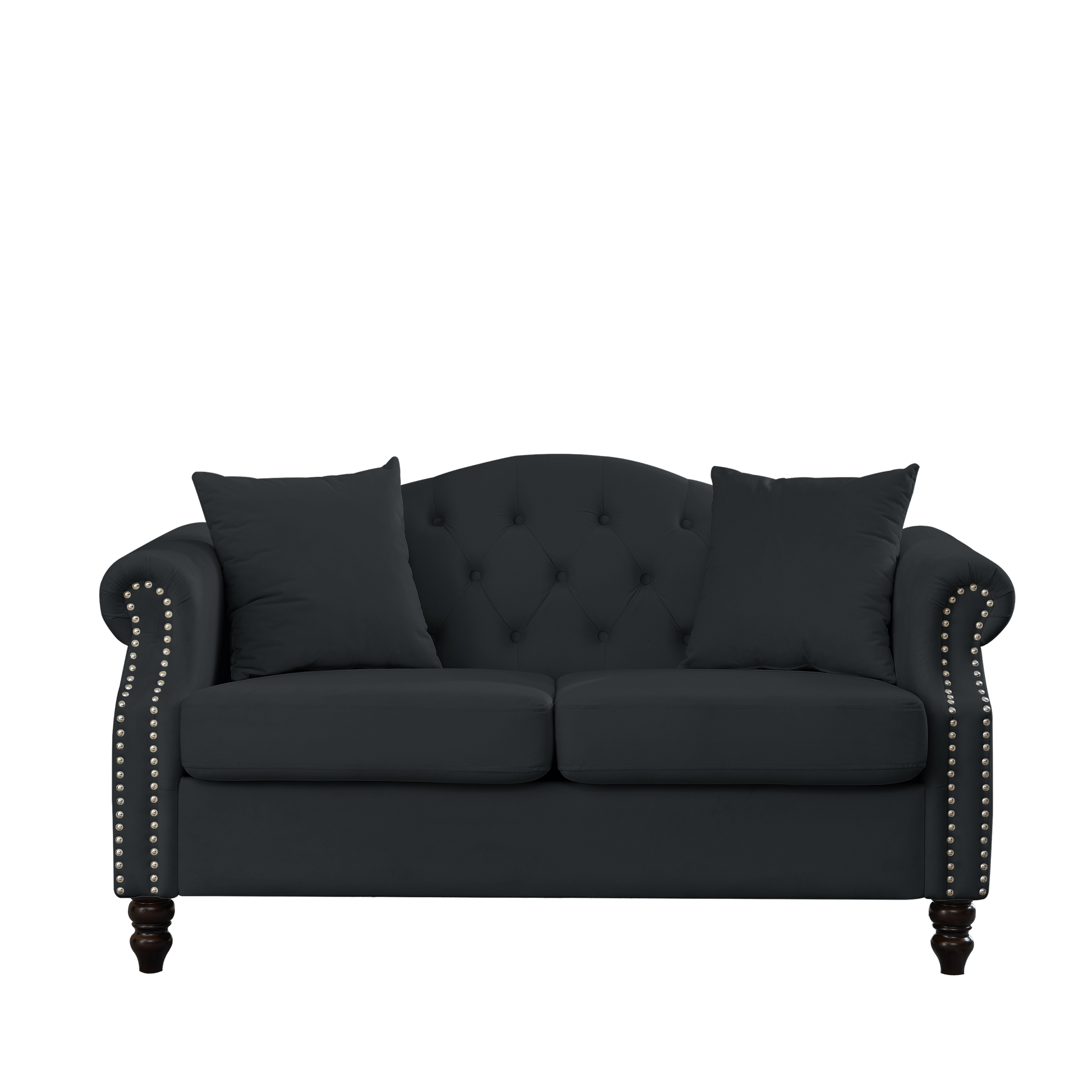 57" Chesterfield Sofa Black Velvet For Living Room, 2 Seater Sofa Tufted Couch With Rolled Arms And For Living Room, Bedroom, Office, Apartment, Two Pillows Black Foam Velvet