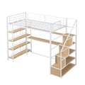 Twin Size Metal Loft Bed With Staircase, Built In Desk And Storage Shelves, White Box Spring Not Required Twin White Metal Bedroom Mdf Metal