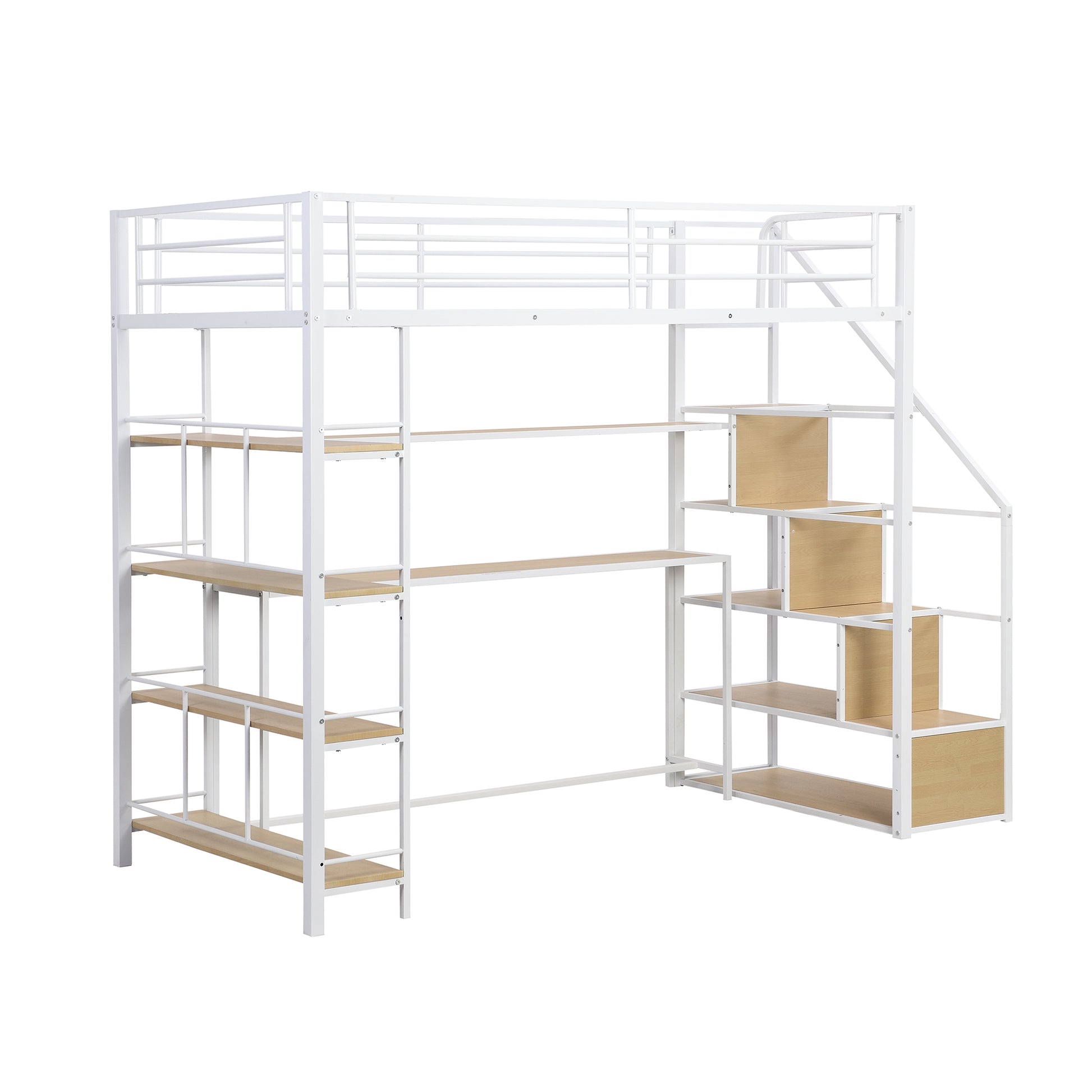 Twin Size Metal Loft Bed With Staircase, Built In Desk And Storage Shelves, White Box Spring Not Required Twin White Metal Bedroom Mdf Metal