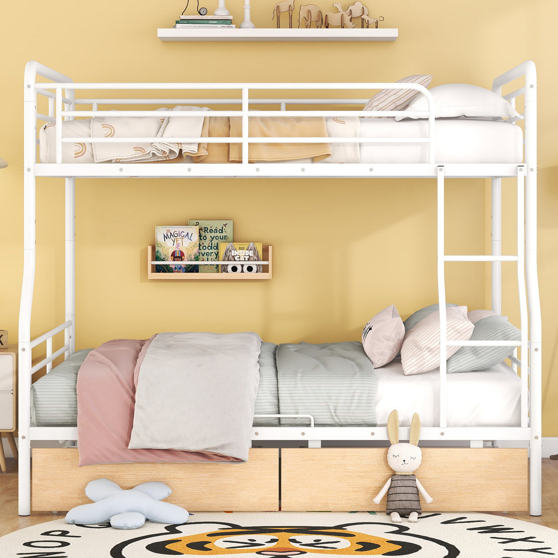 Full Xl Over Queen Metal Bunk Bed With 2 Drawers, White White Iron
