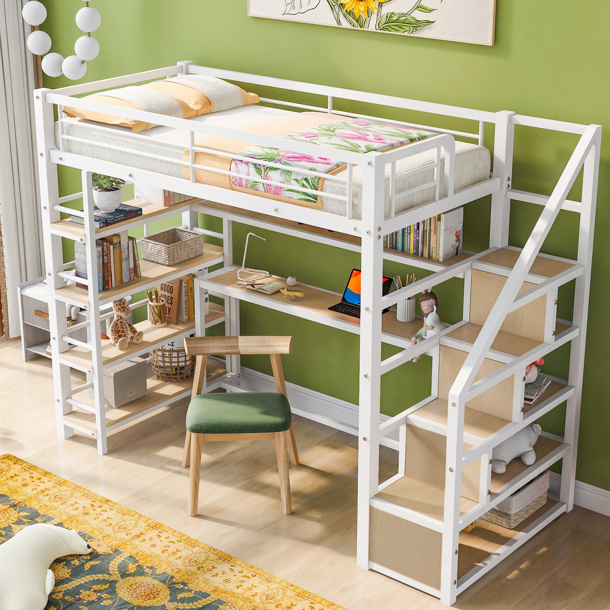 Twin Size Metal Loft Bed With Staircase, Built In Desk And Storage Shelves, White Box Spring Not Required Twin White Metal Bedroom Mdf Metal