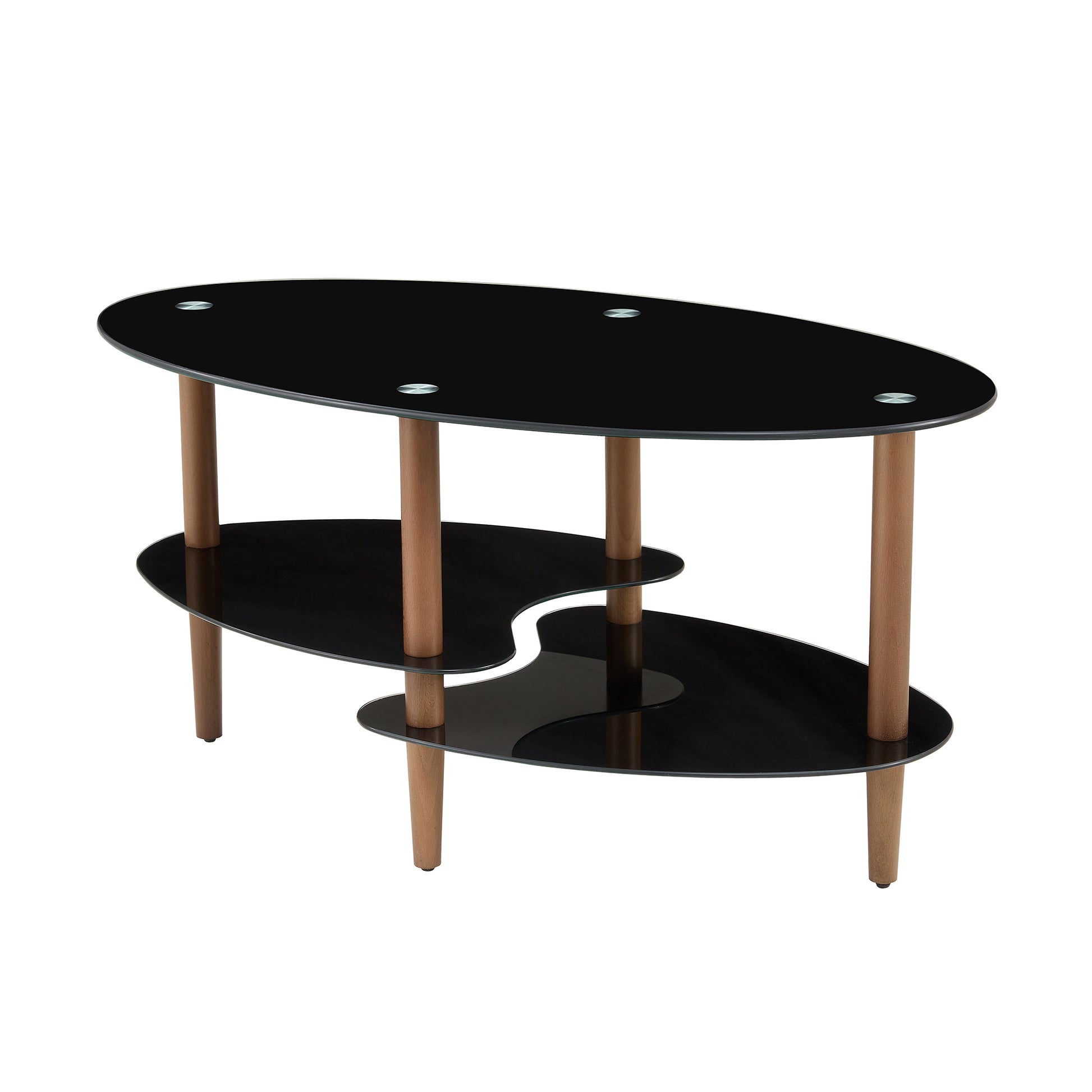 Black Oval Glass Coffee Table, Modern Table In Living Room Oak Wood Leg Tea Table 3 Layer Tempered Glass Table Brown Glass