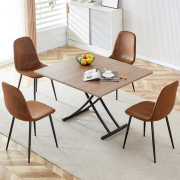 Modern Minimalist Multifunctional Lifting Table, 0.8 Inch Wood Grain Craft Sticker Desktop, Black Metal Legs. 4 Upholstered Dining Chairs With Black Metal Legs. Lt 10055 B0501 Natural Wood Wash Metal