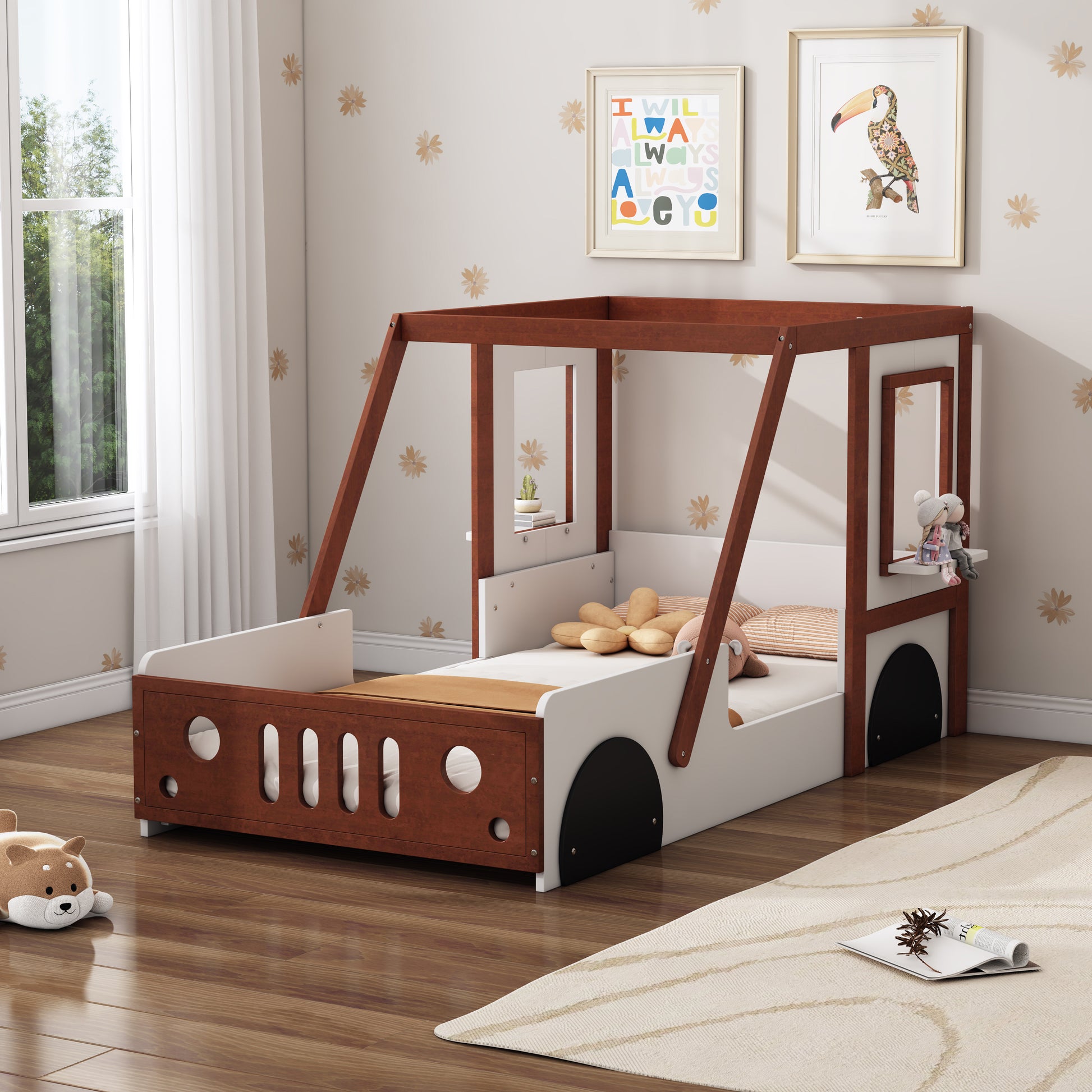 Fun Play Design Twin Size Car Bed, Kids Platform Bed In Car Shaped For Kids Boys Girls Teens,White Orange Twin Orange Solid Wood Mdf