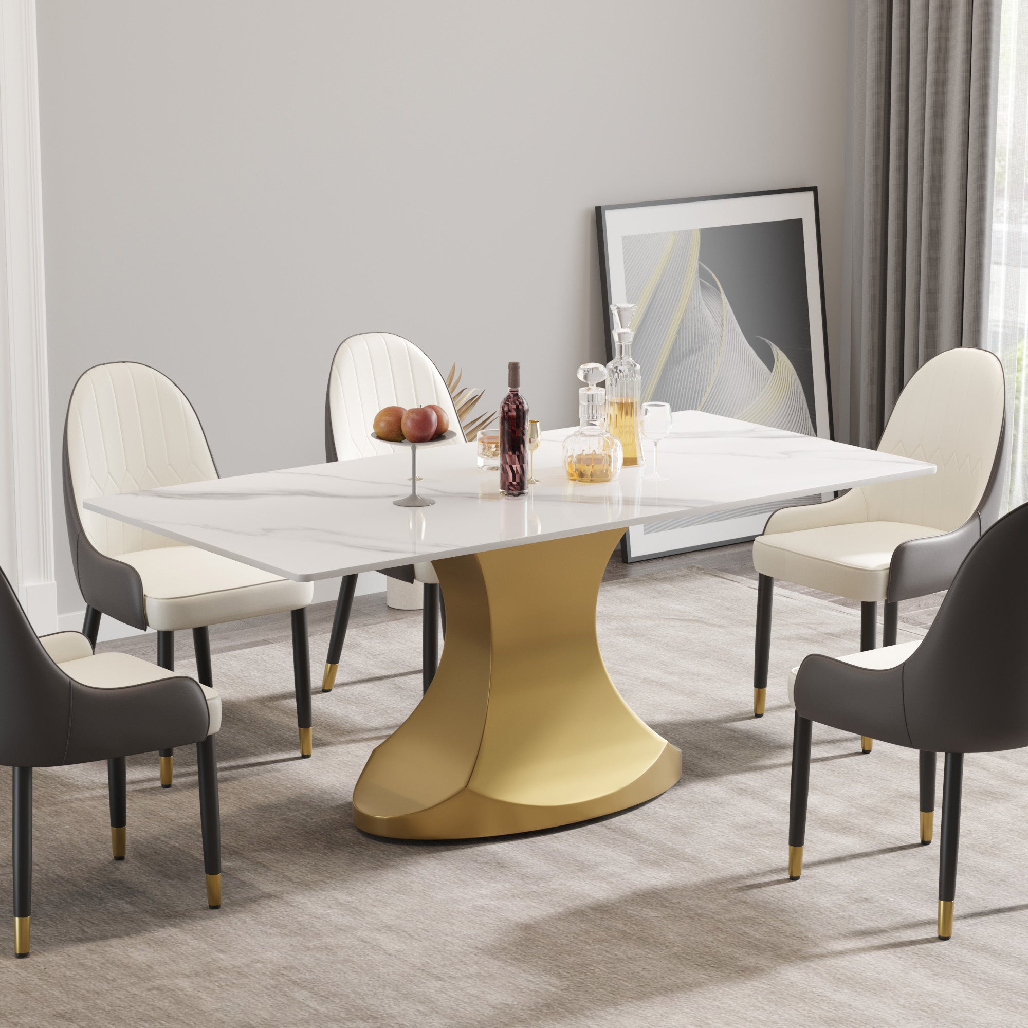70.84 "Modern Artificial Stone White Panel Golden Stainless Steel Curved Legs Can Accommodate 6 8 People White Gold Dining Room Metal Sintered Stone