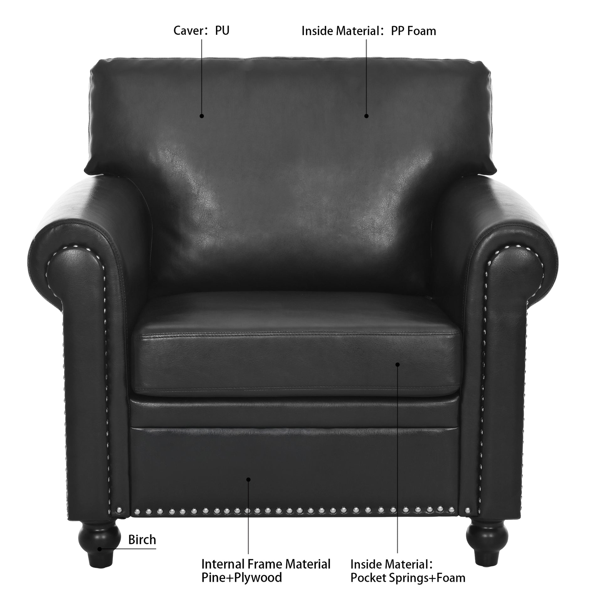 1 Seater Sofa. Black Pu Foam Fabric