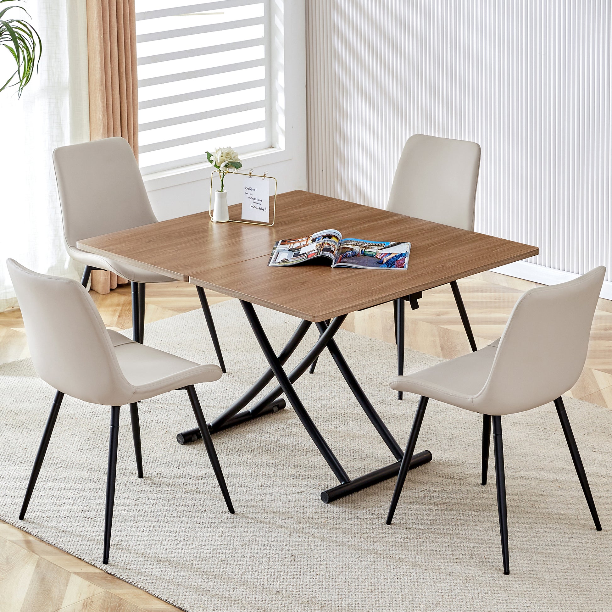 Modern Minimalist Multifunctional Lifting Table, 0.8 Inch Wood Grain Craft Sticker Desktop, Black Metal Legs. 4 Faux Leather Upholstered Dining Chairs With Black Metal Legs. Lt 10055 B0502 Natural Wood Wash Metal