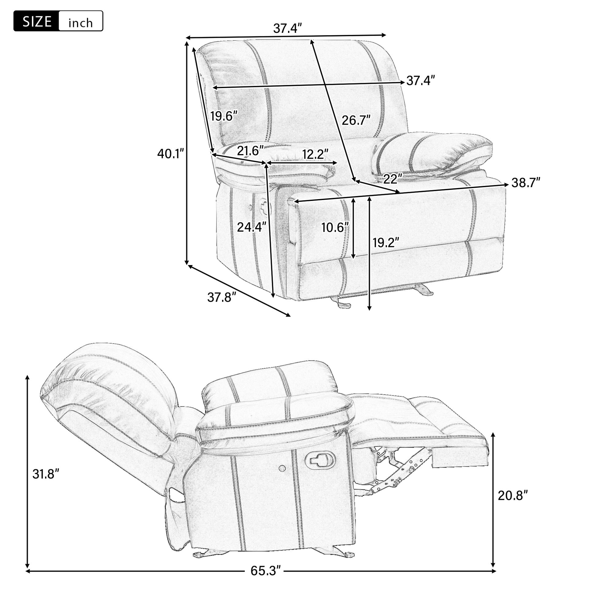 Recliner Chair Sofa Manual Reclining Home Seating Seats Movie Theater Chairs, Brown Brown Foam Faux Leather
