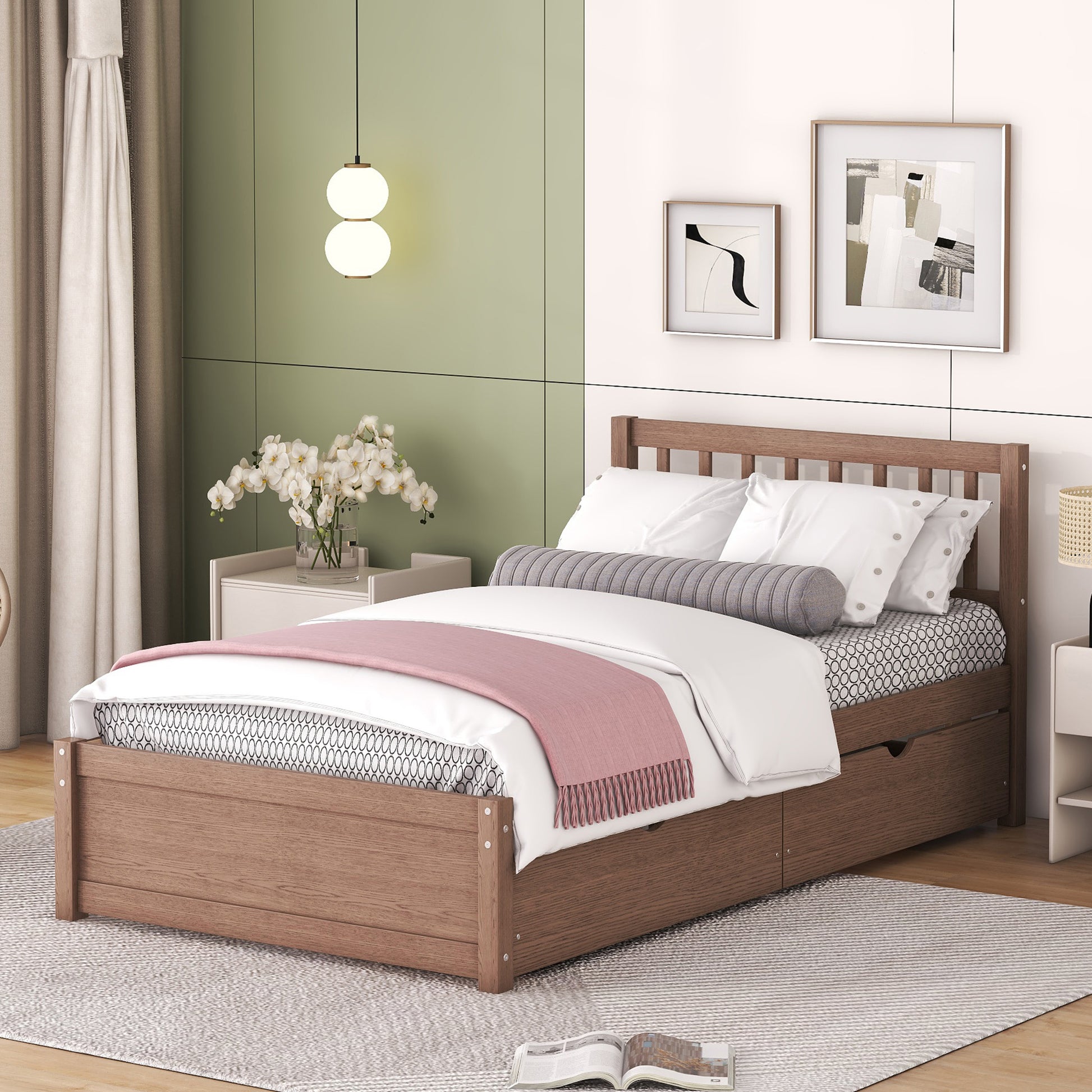 Modern Design Twin Size Platform Bed With 2 Drawers For Walnut Color Walnut Rubber Wood